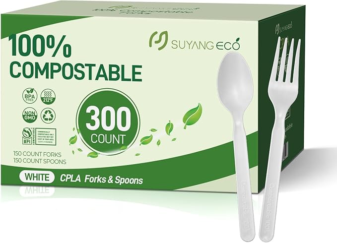 Compostable Forks and Spoons Bulk 300 Count Disposable Compostable Cutlery 100% No Plastic Silverware Heavy Duty Forks Spoons Biodegradable Utensils