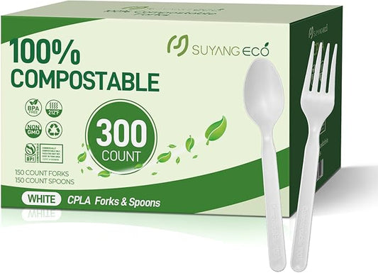 Compostable Forks and Spoons Bulk 300 Count Disposable Compostable Cutlery 100% No Plastic Silverware Heavy Duty Forks Spoons Biodegradable Utensils