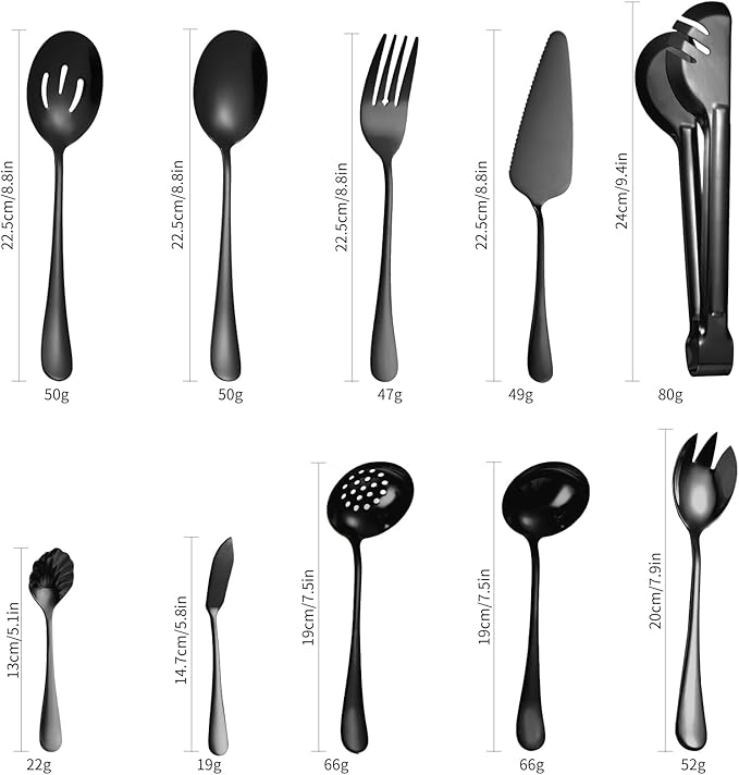 Black Serving Utensils Set 10-Piece Stainless Steel Kitchen Catering Flatware include Catering Tong Big Spoons and Ladles Servers Large Fork Spatula Ideal for Home and Restaurant Use