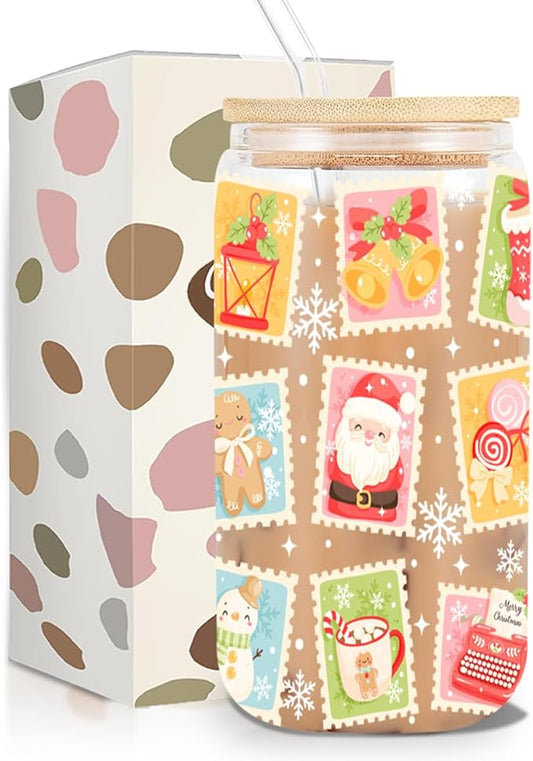 Christmas Gift Stamp Iced Coffee Cup, Aesthetic Glass Tumbler, 16 oz Santa Coffee Glass Cup with Lid Straw, Christmas Stocking Stuffers, Gifts for Women Teen Girls