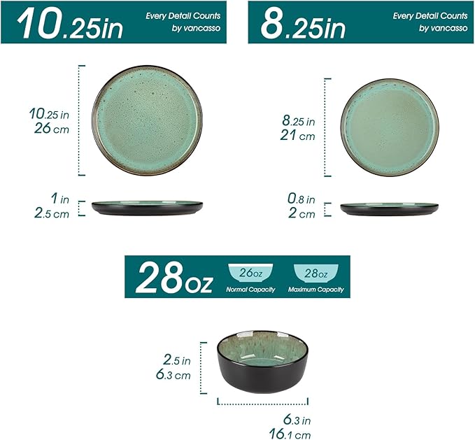 vancasso Plates and Bowls Sets, 24 Pieces Stoneware Dinnerware Sets for 8, Kitchen Dish Set Mircowave and Dishwasher Safe Ceramic Dishware, Turf Green, Series AMBER