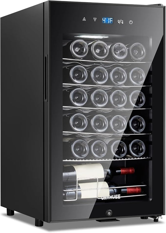24 Bottle Wine Cooler, Freestanding Compressor Wine Fridge with Lock, Slim & Narrow Wine Refrigerator (16.9” W), 41°F–64°F Digital Temperature Control for Red, White & Champagne – Black