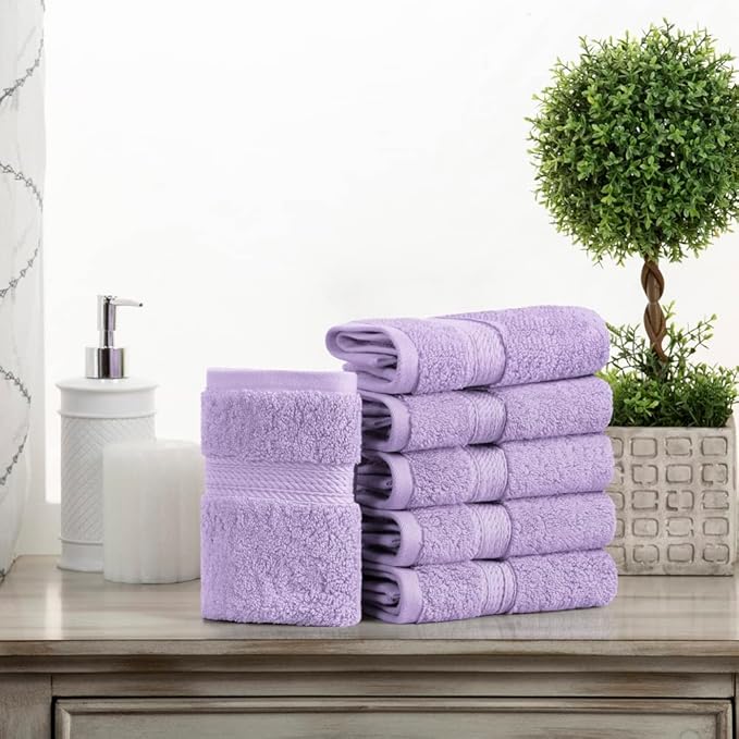 Superior Egyptian Cotton Pile Face Towel/Washcloth Set of 6, Ultra Soft Luxury Towels, Thick Plush Essentials, Absorbent Heavyweight, Guest Bath, Hotel, Spa, Home Bathroom, Shower Basics, Purple
