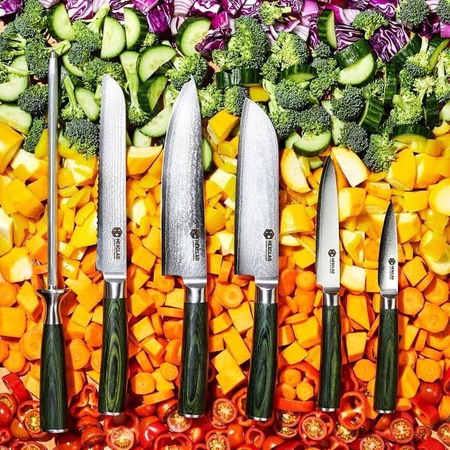 HexClad Essential Knife Set, 6-Piece, Japanese Damascus Stainless Steel Blades, Full Tang Construction, Pakkawood Handles