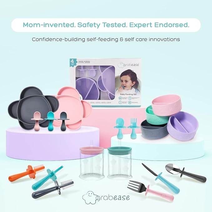 Grabease Baby Spoon - Silicone Feeding Spoons 2-Pack Teal & Gray - Soft Utensils for Babies & Toddlers - Dishwasher-Safe, Easy-Grip