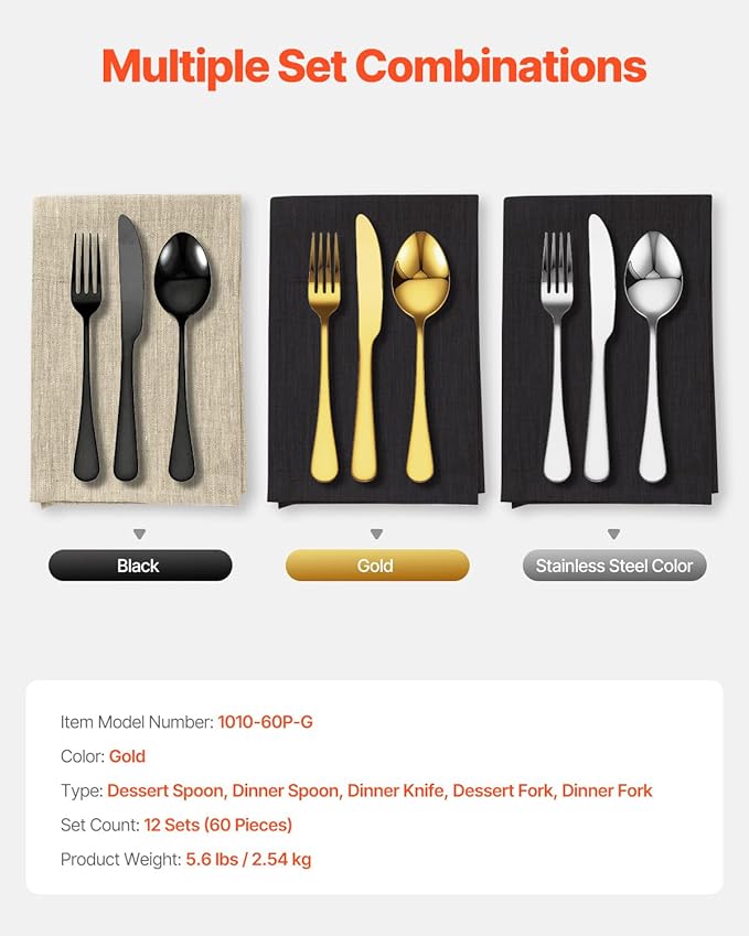 VEVOR 60-Piece Gold Silverware Set, Food-Grade Stainless Steel Flatware Utensils for 12, Mirror Finished Cutlery Set, Dishwasher Safe Eating Tableware for Kitchen Home, Include Knife Fork Spoon