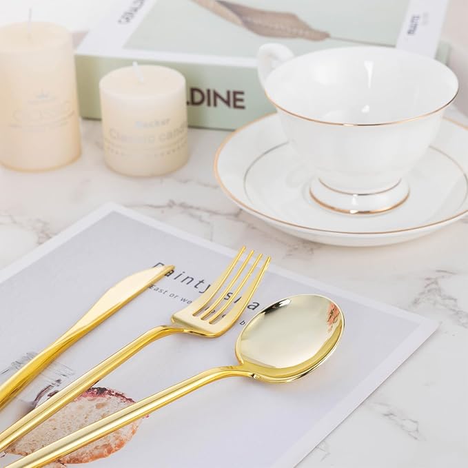 150PCS Gold Plastic Silverware,Heavy Duty Disposable Utensils Include 50 Forks,50 Spoons and 50 Knives,Gold Cutlery Plastic Silverware Sets for Party, Birthday,Wedding