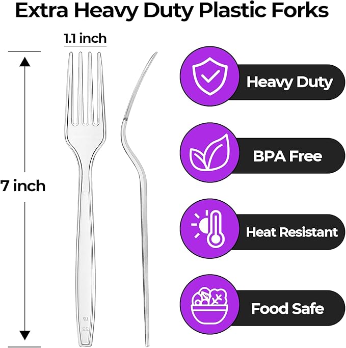 [100 Count] Heavy Duty Clear Plastic Forks Disposable Plastic Fork Bulk Utensils Reusable Cutlery Set Thick Plasticware Silverware for Party,Every Day Use,Picnic,Camping,Wedding,Barbecues