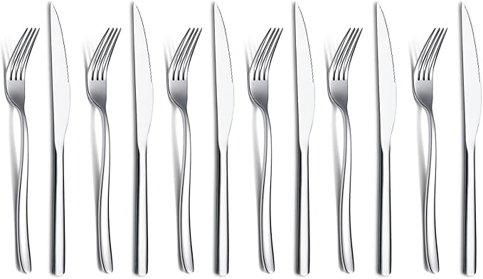 Steak Knives Set 12 Piece, Premium Stainless Steel 6 Dinner Forks and 6 Dinner Knives Set, Steak Knives Steak Forks for 6 Person, Mirror Polish, Dishwasher Safe (Shiny Silver)