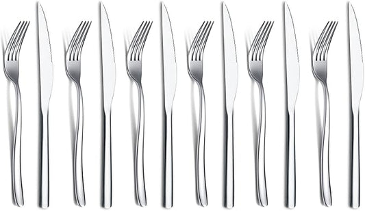 Steak Knives Set 12 Piece, Premium Stainless Steel 6 Dinner Forks and 6 Dinner Knives Set, Steak Knives Steak Forks for 6 Person, Mirror Polish, Dishwasher Safe (Shiny Silver)