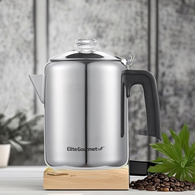 Elite Gourmet EC008 Classic Stovetop Coffee Percolator, Glass Clear Brew Progress Knob, Cool-Touch Handle, Cordless Serve, 8-Cup, Stainless Steel