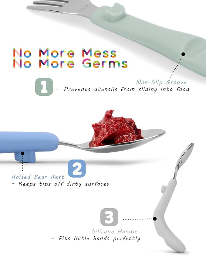 6PCS Toddler Utensils, 316 Stainless Steel Baby Safe Forks + Spoons with Silicone Handle, BPA Free Dishwasher Safe Kids Silverware Cutlery with Box, Sage/Blue/Gray