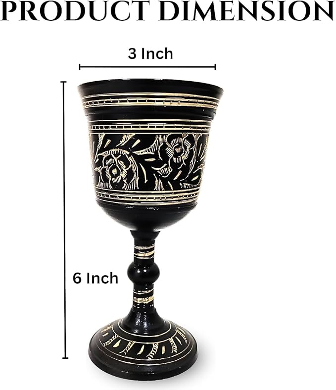 Solid Brass Vintage Chalic Goblet Medieval Handmade Decorative Wine Glass Communion Cup with Royal Embossed Design 1Pcs (Without Box, Floral Black)