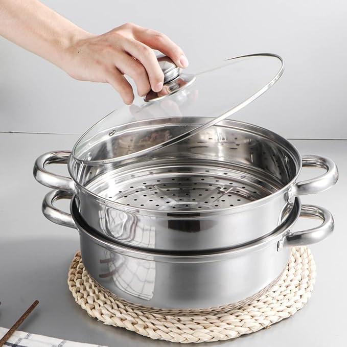 Steamer Pot for Cooking [Large Capacity] 11.8 inch Steamer Pot, 2-tier Multipurpose 18/8 Stainless Steel Steam Pot Cookware with Lid for Vegetable, Dumpling, Stock, Sauce, Food