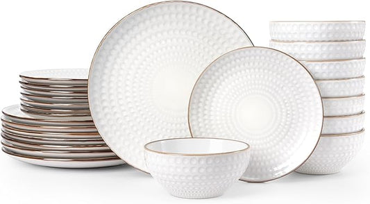 Famiware Eden Plates and Bowls Sets, Stoneware Dinnerware Sets with Gold Trim, 24 Pieces Dishes Set for 8 - Chip and Scratch Resistant, Microwave and Dishwasher Safe, White Circle