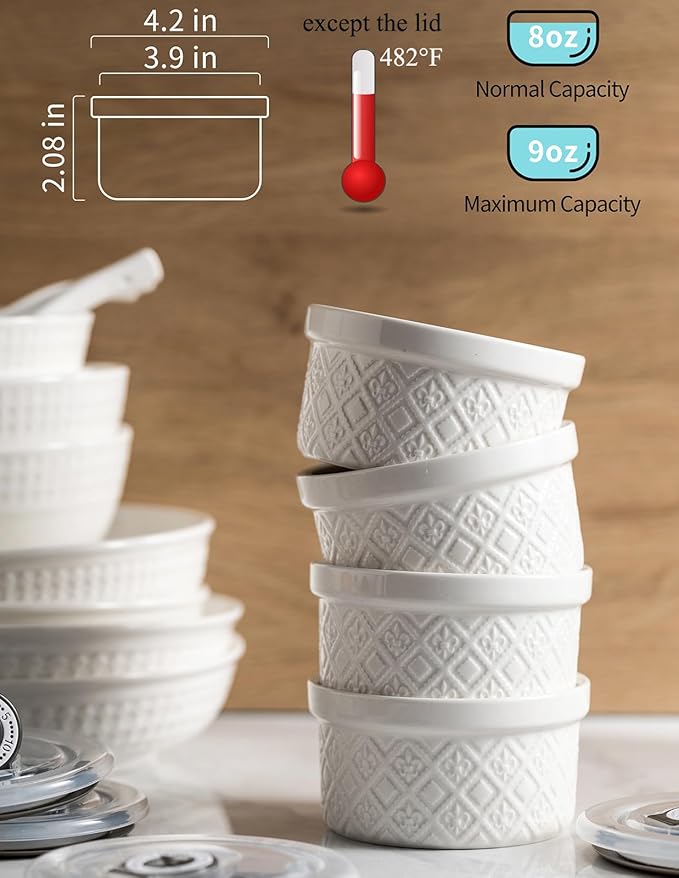 9 oz Ramekins with Lids, Creme Brulee Ramekins Oven Safe, Small Ceramic Serving Bowls, White Custard Cups for Baking, Dipping Sauce Cups, Pinch Bowls Ideal for Birthday Party, Set of 4