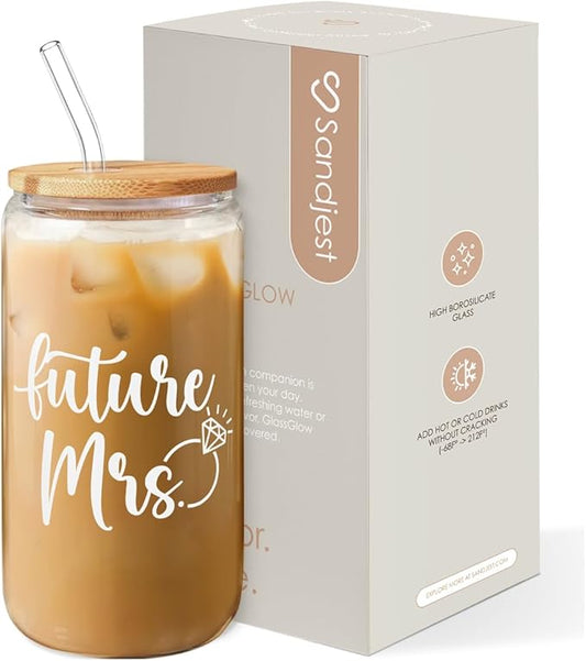 SANDJEST Future Mrs Glass Coffee Cup 16 Oz with Bamboo Lid and Straw - Bridal Shower Gift - Engagement & Bachelorette Gifts for Bride