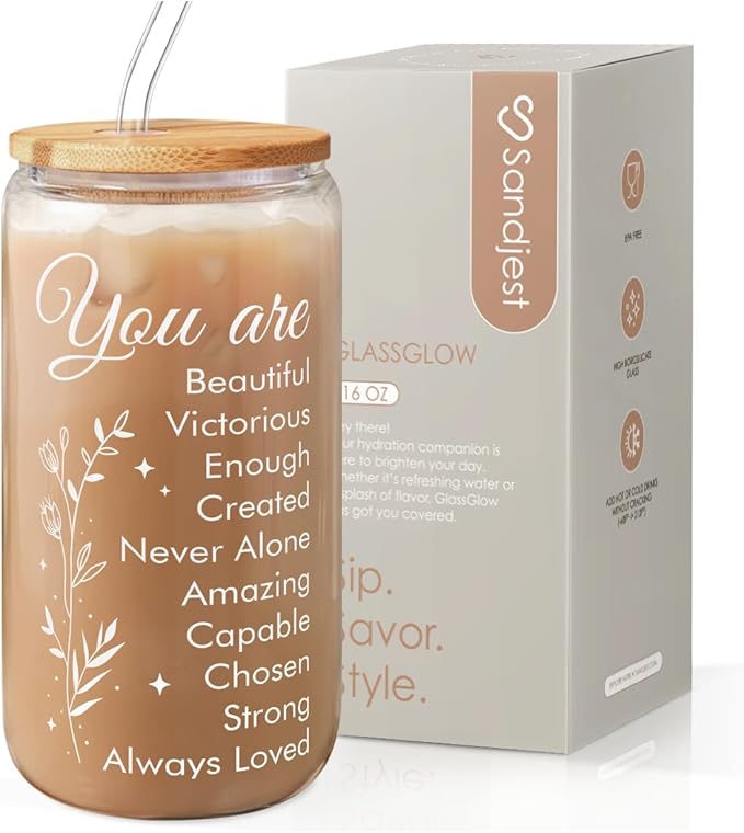 SANDJEST Inspiration Glass Can, Positive Motivational Cup with Lid & Straw, Iced Coffee Aesthetic Cups, Idea Gift for Christmas Birthday Mother Day, Gifts for Women, 16oz