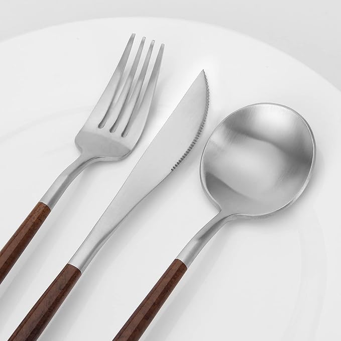 Matte Silver Silverware Set With Brown Handle, Vanys 20 Piece Stainless Steel Cutlery Flatware Set, Kitchen Utensil Sets for 4, Tableware With Knife Spoons And Forks Set, Satin Finished Polished