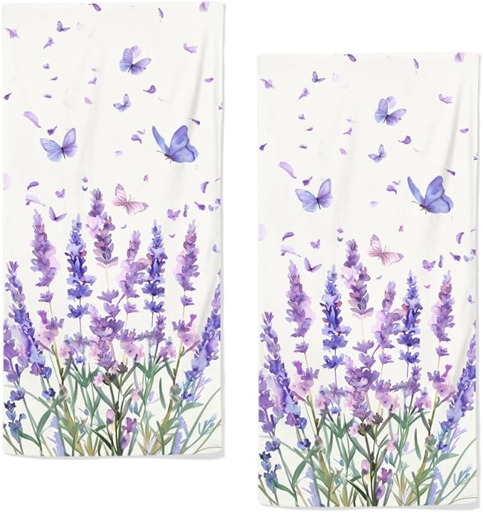 Lavender Hand Towels Set of 2 Lightweight Breathable Purple Floral Bath Towels Highly Absorbent Butterfly Lavender Towels for Bathroom Gym Hotel Decorative Kitchen Towels 28.7x13.7 Inch