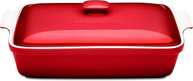 Stoneware Casserole Dish Bakeware Set with Lid, Covered Rectangular Dinnerware, Large 3.2 Quart, 11 by 9 Inch [Deep Red]