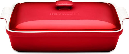 Stoneware Casserole Dish Bakeware Set with Lid, Covered Rectangular Dinnerware, Large 3.2 Quart, 11 by 9 Inch [Deep Red]