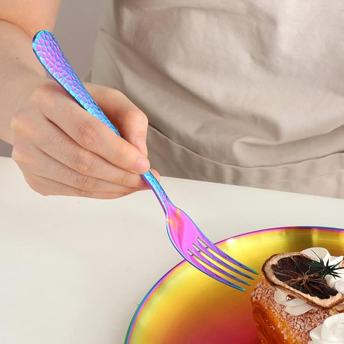 Buyer Star 12 Pieces Hammered Dinner Forks Set, 7.9 Inch Stainless Steel Forks,Table Forks,Flatware Forks, Mirror Finish & Dishwasher Safe,Use for Home,Kitchen or Restaurant (Rainbow)