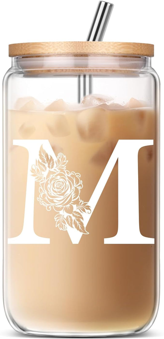 Gifts for Women, Birthday Christmas Mothers Day Thank You Gifts, Personalized Monogrammed Gifts for Sister Mom Friend Wife Gift Ideas 2024 M Coffee Iced Cute Glass Cups with Lids and Straws