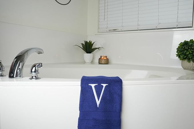 Navy Initial Hand Towel for Bathroom - Monogrammed Luxury Hotel Quality Decorative Embroidered Towel for Powder Room, Spa - GOTS Organic Certified - Set of 2 Letter V