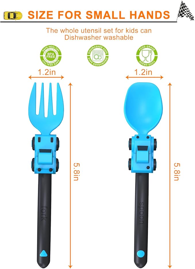 Construction Toddler Utensils - Toddler Forks and Spoons - Kids Construction Truck Utensils - Forks and Spoons Silverware Set - Christmas Birthday Gift for 1 2 3 4 5 year old, Blue