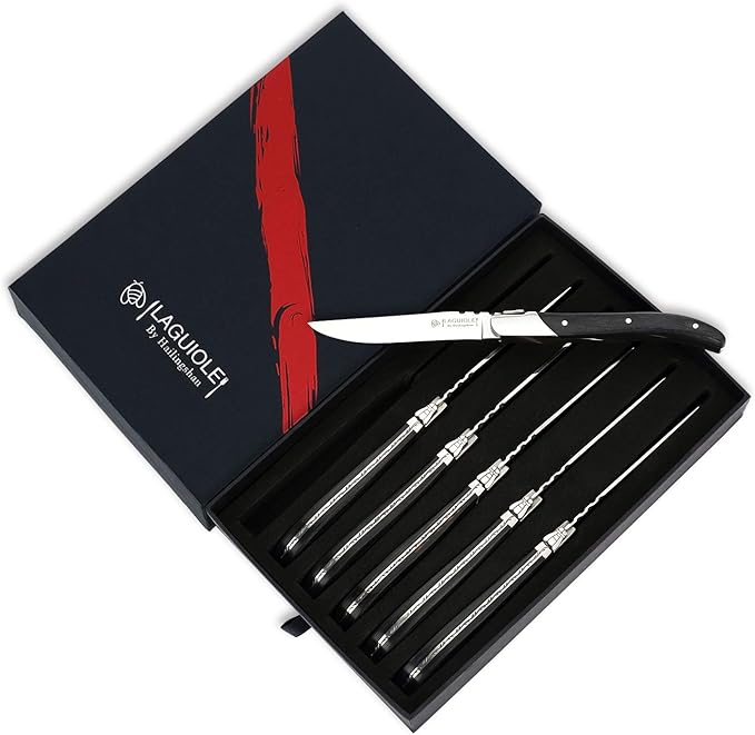 [Set of 6]Steak Knives, Hailingshan Stainless Steel Straight Blade Sharp Heavy-Duty Premium Dishwasher Safe Polished Table Dinner Cutlery Flatware Laguiole Steak Knife 22cm Gift Box-Black Wood Handle