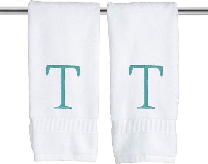 Teal and White Bathroom Hand Towel - Monogrammed Luxury Hotel Quality Decorative Embroidered Towel for Powder Room, Spa - GOTS Organic Certified - Pack of 2, Letter T