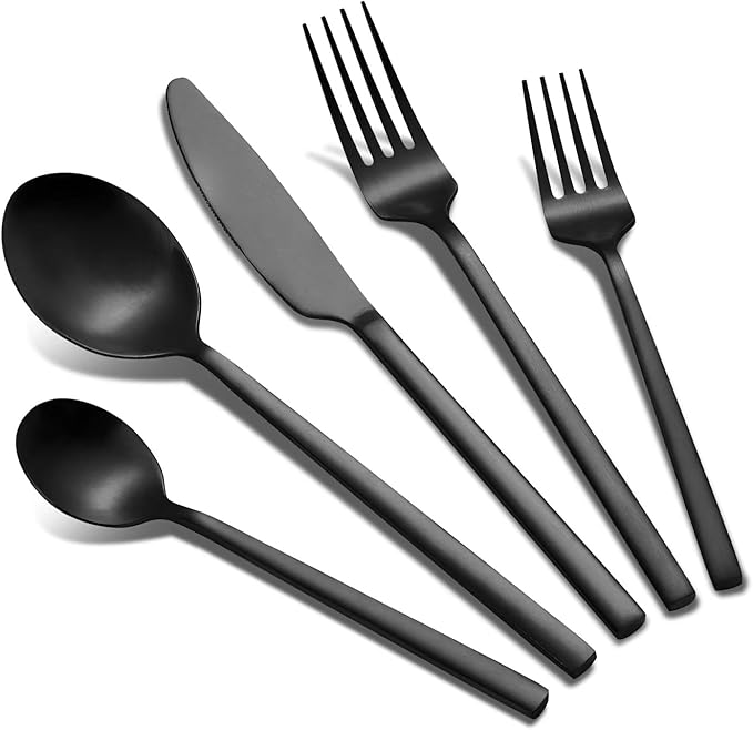 40-Piece Black Silverware Set, Rectangular Flatware Set for 8, Matte Stainless Steel Cutlery Set, Home Essentials and Kitchen Utensils Set, for Restaurant, Party And Wedding, Dishwasher Safe