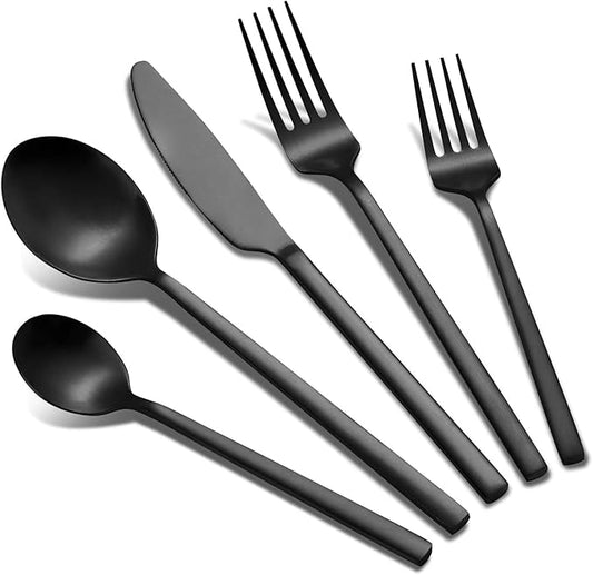 40-Piece Black Silverware Set, Rectangular Flatware Set for 8, Matte Stainless Steel Cutlery Set, Home Essentials and Kitchen Utensils Set, for Restaurant, Party And Wedding, Dishwasher Safe