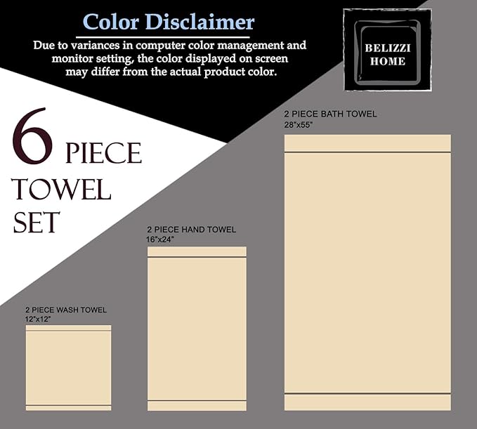 Belizzi Home 100% Cotton Ultra Soft 6 Pack Towel Set, Contains 2 Bath Towels 28x55 inch, 2 Hand Towels 16x24 inch & 2 Washcloths 12x12 inch, Compact Lightweight & Highly Absorbant - Charcoal Grey