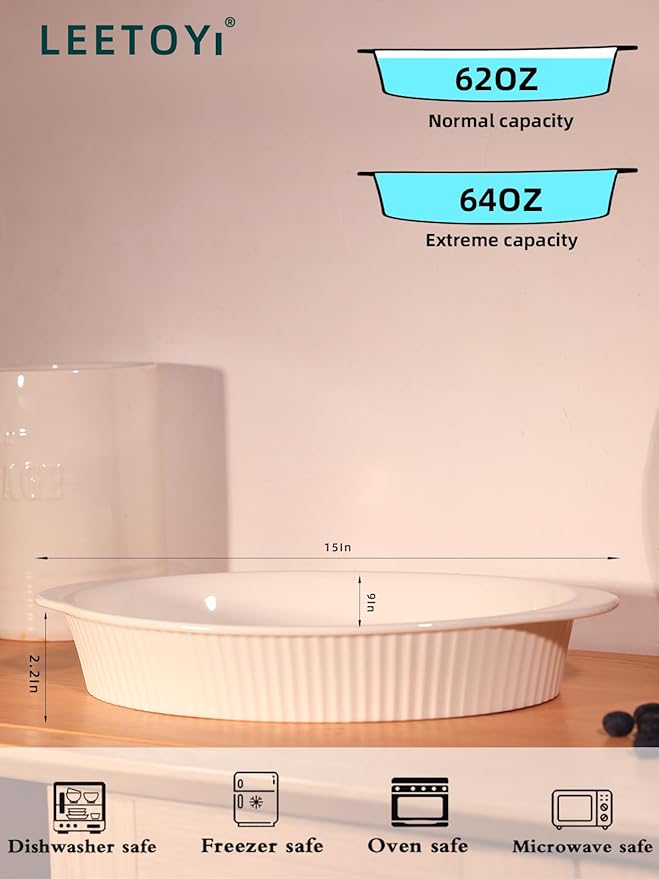 LEETOYI Porcelain 9x13 Large Oval Au Gratin Pans,Baking Dish for Servings, Bakeware with Double Handle for Kitchen and Home, White