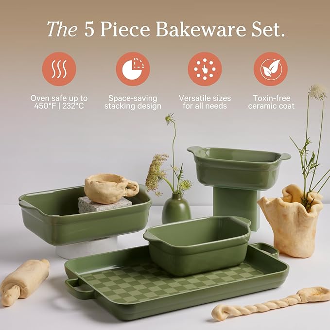 Our Place Bakeware Set | 5-Piece Nonstick, Toxin-Free, Ceramic, Cast Aluminum Set with Oven Pan, Bakers, & Oven Mat | Space-Saving Nesting Design | Oven-Safe | Bake, Roast, Griddle and more | Sage