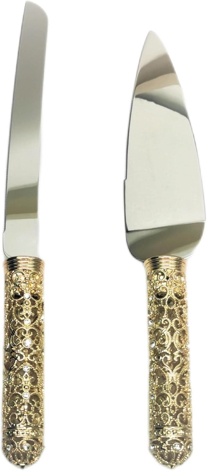Gold Cake Knife and Server Set - 2 Piece Dessert Set Metal Handle with Crystal Stones Decoration for Wedding, Anniversary Party Birthday Banquets and Gifts for Bride and Groom