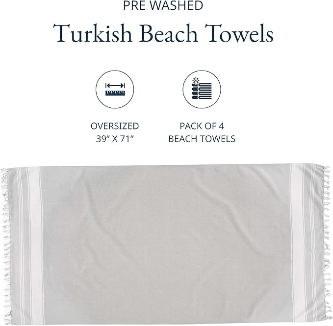 LANE LINEN Oversized Beach Towels 4 Pack – Pre-Washed, Extra Large, Quick Dry, No Sand, Absorbent Pool Towels for Adults, 39"x71", Grey