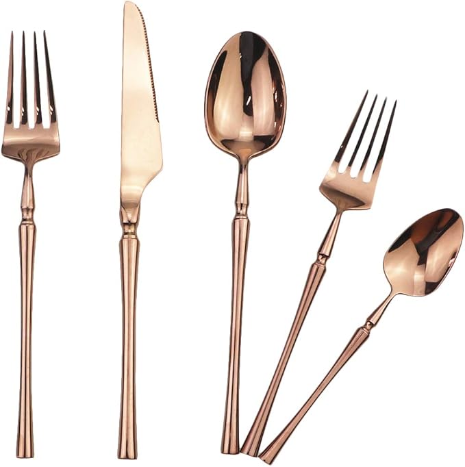 Gugrida Copper Silverware Set, 5-Piece 18/10 Stainless Steel Flatware Cutlery Set for 1,Mirror Finish, Ideal for Wedding Festival Party Home Kitchen, Dishwasher Safe