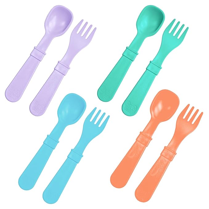 Re-Play Toddler Forks and Spoons Set - 4x4 Utensils Set for Kids - Dishwasher and Microwave Safe - Made in USA - Set of 8-5.8" x 1.2" x 0.2" - Bubble Pop