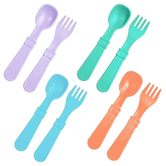 Re-Play Toddler Forks and Spoons Set - 4x4 Utensils Set for Kids - Dishwasher and Microwave Safe - Made in USA - Set of 8-5.8" x 1.2" x 0.2" - Bubble Pop