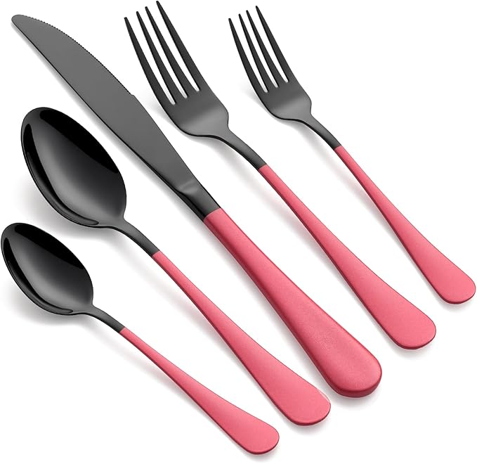 20-Piece Black Silverware Set 18/0 Stainless Steel Silverware Set Pink Handle Cutlery Set Service for 4 Dinner Knives Forks Spoons Set Flatware Set Finish Dishwasher Safe（Black and Pink）
