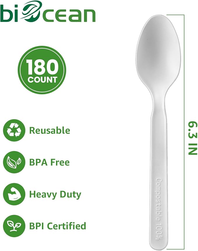 100% Compostable Spoons 180 Count Disposable Spoons Utensils Set Heavy Duty Spoons Silverware Eco Friendly Flatware for Party Camping Picnics Wedding-Ivory White