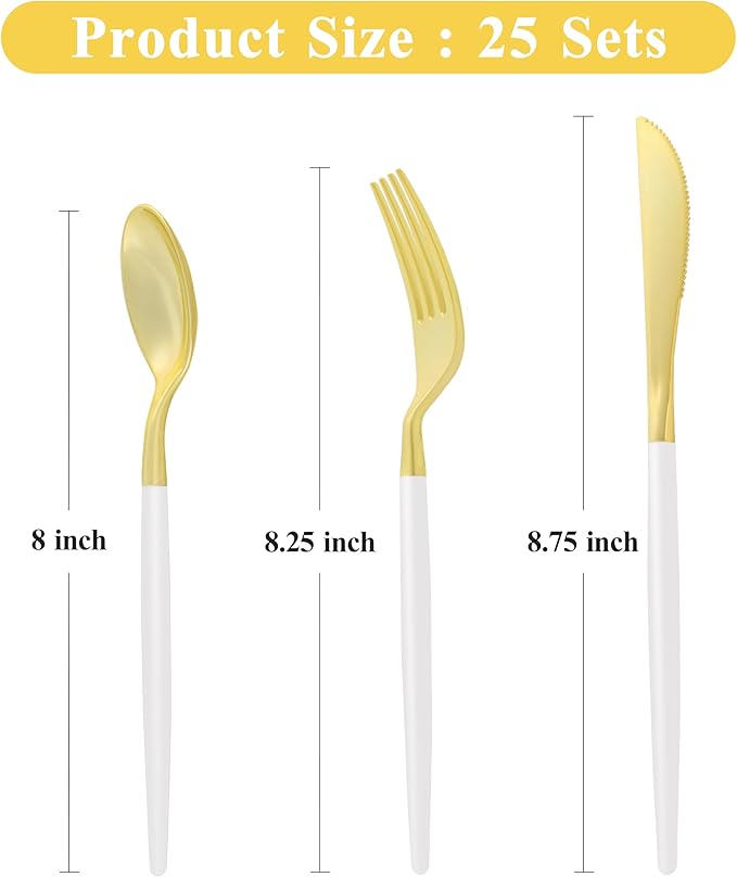 75 PCS White Gold Plastic Utensils for 25 Guests, Gold Disposable Silverware with 25 Knives, 25 Spoons and 25 Forks, BPA Free, Ideal for Weddings, Birthdays & Graduation