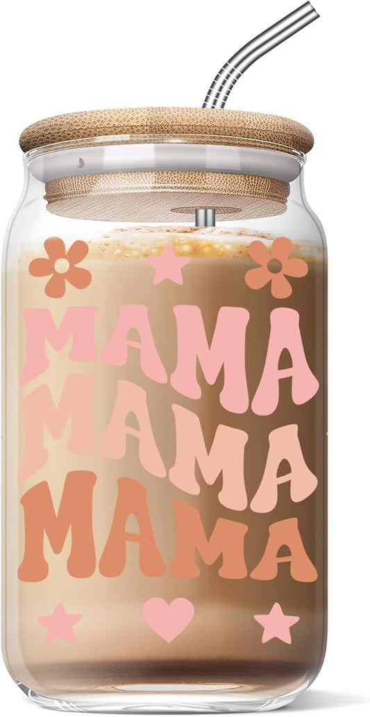 Christmas Day Gifts for Mama - Mother's Day Gifts for Mom - Birthday Day Gifts for Mom, Mama, New Mother After Birth, Promoted to Mother - 16 oz Coffee Glass Cup