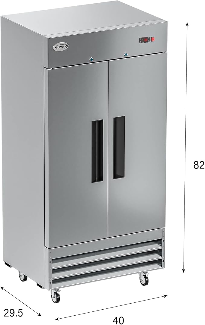 KoolMore Commercial Two Door Reach-in Freezer for Restaurant, Cafe, and Cold Food Storage, Stainless Steel Finish, Large 35 Cu. Ft. Capacity, Heavy Duty Kitchen Use (RIF-2D-SS35C),Silver
