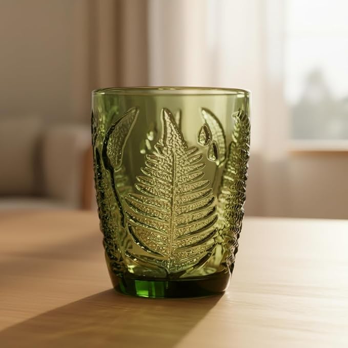 Vintage Drinking Glasses Set Of 4-10 oz Textured Green Glass Cups, Cute Green Glassware for Home & Bar, Retro Style Embossed Drinkware, Unique Decorative Cocktail Cup Sets - Heavy Duty & Durable