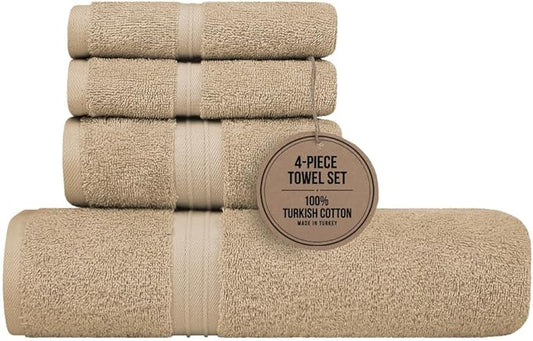 Cotton Bath Towels Set of 4 - Decorative & Soft 100% Cotton, Quick Dry, Absorbent - Includes 1 Bath Towel (28" x 56"), 1 Hand Towel (16"x28") and 2 Wash Cloths (12"x12") - Beige