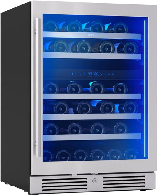 Zephyr Presrv 24" Wine Fridge Dual Zone Under Counter - Countertop Mini Wine Cooler Cellars Small Cabinet Wine Refrigerator Home Bar Chiller Freestanding with Glass Door, 45 Bottles 750ml